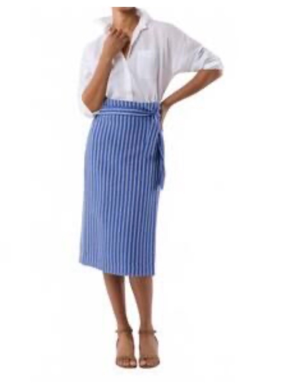 ANN MASHBURN Blue-and-White Striped Wrap Midi Skirt
